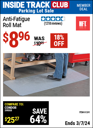 Inside Track Club members can buy the HFT Anti-Fatigue Roll Mat (Item 61241) for $8.96, valid through 3/7/2024.