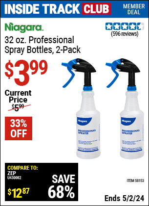 Inside Track Club members can buy the NIAGARA 32 oz. Professional Spray Bottle, 2 Pk. (Item 58153) for $3.99, valid through 5/2/2024.