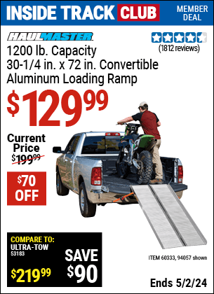 Inside Track Club members can buy the HAUL-MASTER 1200 lb. Capacity 30-1/4 in. x 72 in. Convertible Aluminum Loading Ramp (Item 94057/60333) for $129.99, valid through 5/2/2024.