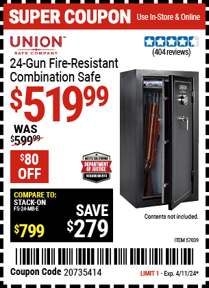 Buy the UNION SAFE COMPANY 24 Gun Fire Resistant Combination Safe (Item 57039) for $519.99, valid through 4/11/2024.