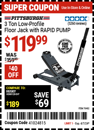 Buy the PITTSBURGH 3-Ton Low-Profile Floor Jack with RAPID PUMP, Slate Gray (Item 70482) for $119.99, valid through 4/7/24.