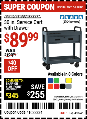 Buy the U.S. GENERAL 30 in. Service Cart with Drawer (Item 56604/56606/56607/58338/58471/58472/59851/64058/56258) for $89.99, valid through 4/7/24.