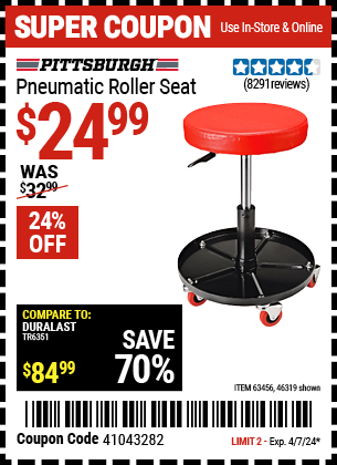 Buy the PITTSBURGH AUTOMOTIVE Pneumatic Roller Seat (Item 46319/63456) for $24.99, valid through 4/7/24.