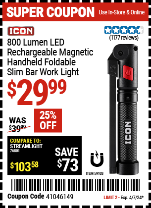 Buy the ICON 800 Lumen Rechargeable Slim Bar LED Light (Item 59103) for $29.99, valid through 4/7/24.