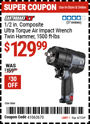 Buy the EARTHQUAKE XT 1/2 in. Composite Ultra-Torque Air Impact Wrench, Twin Hammer, 1500 ft. lbs. (Item 70080) for $129.99, valid through 4/7/24.