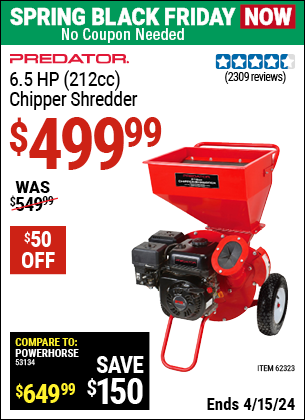 Buy the PREDATOR 6.5 HP (212cc) Chipper Shredder (Item 62323) for $499.99, valid through 4/15/2024.