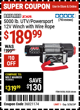 Buy the BADLAND 5000 lb. UTV/Powersport 12V Winch (Item 56326/56530) for $189.99, valid through 5/26/2024.