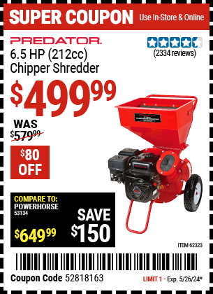 Buy the PREDATOR 6.5 HP (212cc) Chipper Shredder (Item 62323) for $499.99, valid through 5/26/2024.