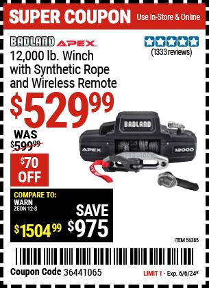 Buy the BADLAND APEX 12000 lb. Winch with Synthetic Rope and Wireless Remote (Item 56385) for $529.99, valid through 6/6/24.