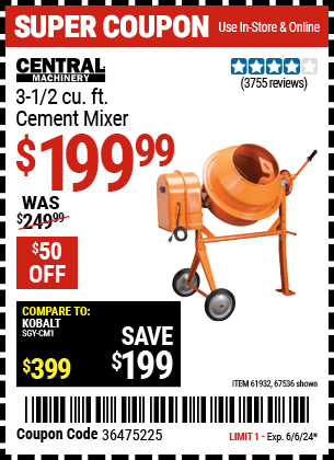 Buy the CENTRAL MACHINERY 3-1/2 Cubic ft. Cement Mixer (Item 67536/61932) for $199.99, valid through 6/6/24.