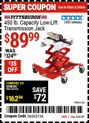 Buy the PITTSBURGH AUTOMOTIVE 450 lbs. Low Lift. Transmission Jack (Item 61232) for $89.99, valid through 6/6/24.