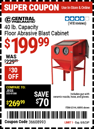 Buy the CENTRAL PNEUMATIC 40 lb. Capacity Floor Blast Cabinet (Item 68893/62144) for $199.99, valid through 6/6/24.