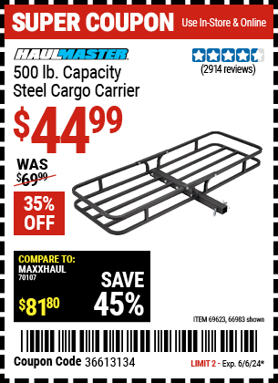 Buy the HAUL-MASTER 500 lb. Steel Cargo Carrier (Item 66983/69623) for $44.99, valid through 6/6/24.