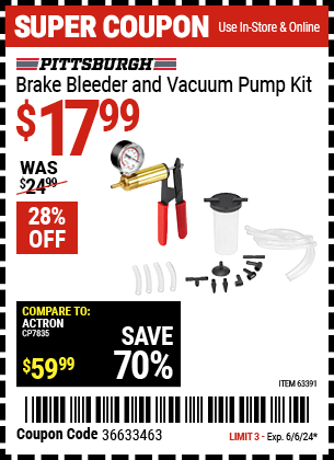 Buy the PITTSBURGH AUTOMOTIVE Brake Bleeder and Vacuum Pump Kit (Item 63391) for $17.99, valid through 6/6/24.