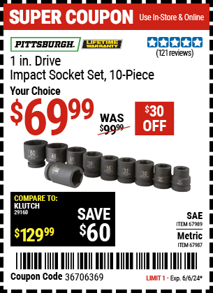 Buy the PITTSBURGH 1 in. Drive Metric Impact Socket Set 10 Pc. (Item 67987/67989) for $69.99, valid through 6/6/24.