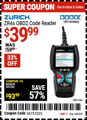 Buy the ZURICH ZR4S OBD2 Code Reader (Item 57663) for $39.99, valid through 6/6/24.