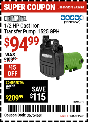 Buy the DRUMMOND 1/2 HP Cast Iron Transfer Utility Pump (Item 63316) for $94.99, valid through 6/6/24.