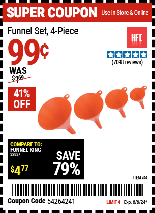 Buy the HFT Funnel Set 4 Pc. (Item 744) for $0.99, valid through 6/6/24.