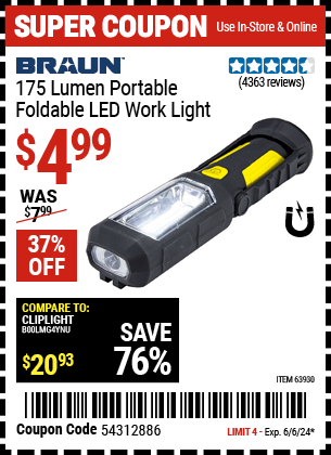 Buy the BRAUN Portable Folding LED Work Light (Item 63930) for $4.99, valid through 6/6/24.