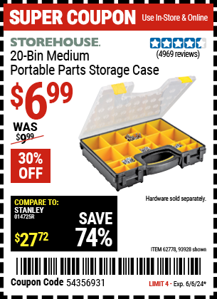 Buy the STOREHOUSE 20-Bin Medium Portable Parts Storage Case (Item 93928) for $6.99, valid through 6/6/24.