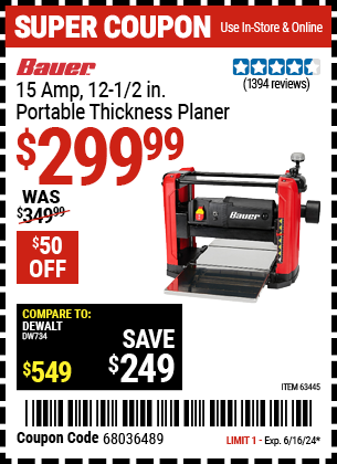 Buy the BAUER 15 Amp, 12-1/2 in. Portable Thickness Planer (Item 63445) for $299.99, valid through 6/16/2024.