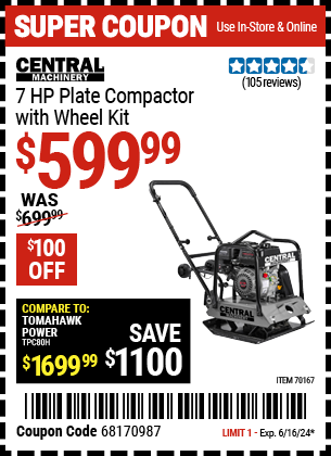 Buy the CENTRAL MACHINERY 6.5 HP Plate Compactor with Wheel Kit (Item 70167) for $599.99, valid through 6/16/2024.