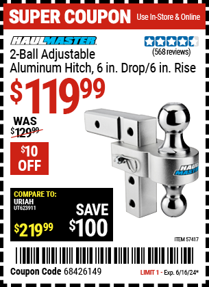 Buy the HAUL-MASTER 2-Ball Adjustable Aluminum Hitch, 6 in. Drop / 6 in. Rise (Item 57417) for $119.99, valid through 6/16/2024.