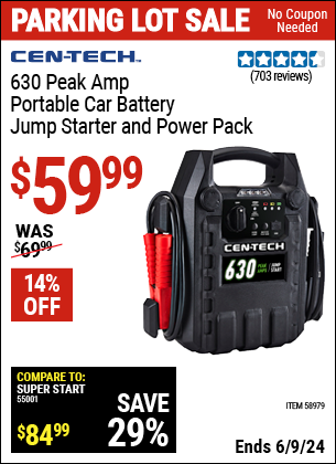 Buy the CEN-TECH 630 Peak Amp Portable Jump Starter and Power Pack (Item 58979) for $59.99, valid through 6/9/2024.