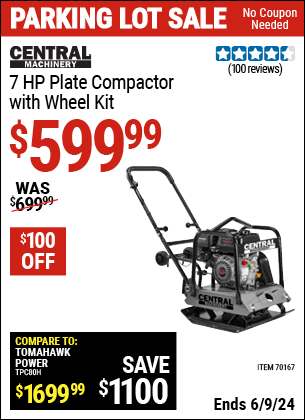 Buy the CENTRAL MACHINERY 6.5 HP Plate Compactor with Wheel Kit (Item 70167) for $599.99, valid through 6/9/2024.