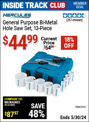 Inside Track Club members can buy the HERCULES General Purpose Bi-Metal Hole Saw Set 13 Piece (Item 63761) for $44.99, valid through 5/30/2024.