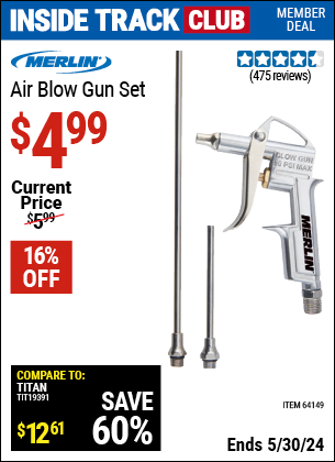 Inside Track Club members can buy the MERLIN Air Blow Gun Set (Item 64149) for $4.99, valid through 5/30/2024.