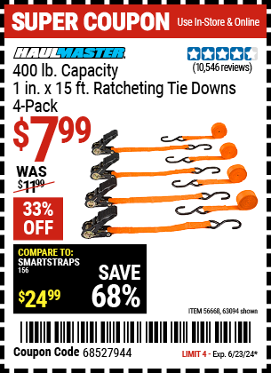 Buy the HAUL-MASTER 400 lb. Capacity, 1 in. x 15 ft. Ratcheting Tie Downs, 4-Pack (Item 63094/56668) for $7.99, valid through 6/23/2024.