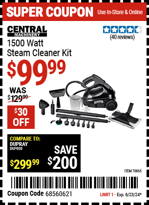 Buy the CENTRAL MACHINERY 1500 Watt Steam Cleaner Kit (Item 70065) for $99.99, valid through 6/23/2024.