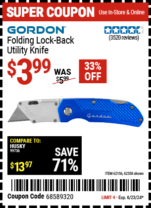 Buy the GORDON Folding Lock-Back Utility Knife (Item 62358/62156) for $3.99, valid through 6/23/2024.