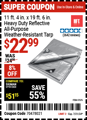 Buy the HFT 11 ft. 4 in. x 18 ft. 6 in. Silver/Heavy Duty Reflective All Purpose/Weather Resistant Tarp (Item 47676) for $22.99, valid through 7/21/2024.