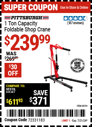 Buy the PITTSBURGH 1 Ton Capacity Foldable Shop Crane (Item 58794) for $239.99, valid through 7/21/2024.