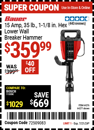 Buy the BAUER 15 Amp 35 lb. Pro Demolition Hammer Kit (Item 64277/64276) for $359.99, valid through 7/21/2024.