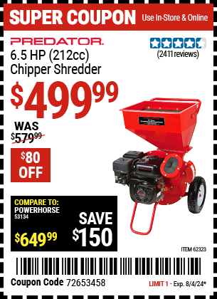 Buy the PREDATOR 6.5 HP (212cc) Chipper Shredder (Item 62323) for $499.99, valid through 8/4/2024.