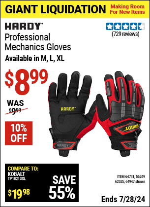 Buy the HARDY Professional Mechanics Gloves (Item 56249/62525/64731/64947) for $8.99, valid through 7/28/2024.