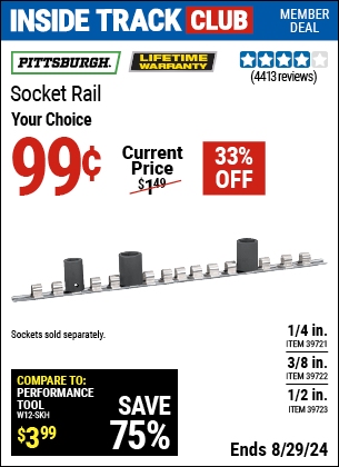 Inside Track Club members can buy the PITTSBURGH Socket Rail (Item 39722/39721/39723) for $0.99, valid through 8/29/2024.