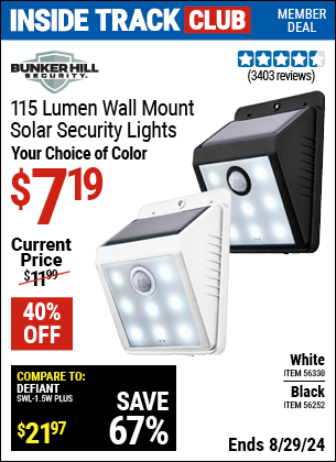 Inside Track Club members can buy the BUNKER HILL SECURITY Wall Mount Security Light (Item 56252/56330) for $7.19, valid through 8/29/2024.