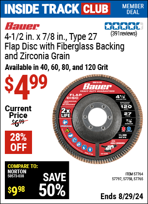 Inside Track Club members can buy the BAUER 4-1/2 in. Zirconia Type 27 Flap Disc (Item 57764/57758/57765/57797) for $4.99, valid through 8/29/2024.