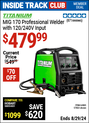 Inside Track Club members can buy the TITANIUM MIG 170 Professional Welder with 120/240 Volt Input (Item 57864/64805) for $479.99, valid through 8/29/2024.