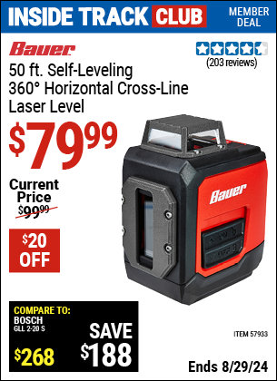Inside Track Club members can buy the BAUER 50 ft. Self-Leveling 360 Horizontal Cross Line Laser Level (Item 57933) for $79.99, valid through 8/29/2024.