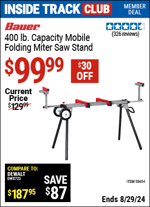 Inside Track Club members can buy the BAUER 400 lb. Mobile Miter Saw Stand (Item 58654) for $99.99, valid through 8/29/2024.