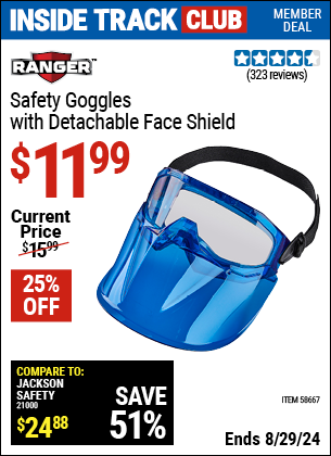 Inside Track Club members can buy the RANGER Detachable Goggle Face Shield (Item 58667) for $11.99, valid through 8/29/2024.