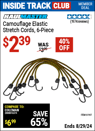 Inside Track Club members can buy the HAUL-MASTER Camouflage Elastic Stretch Cords 6 Pc. (Item 61947) for $2.39, valid through 8/29/2024.