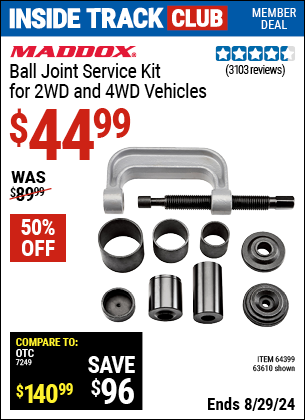 Inside Track Club members can buy the MADDOX Ball Joint Service Kit for 2WD and 4WD Vehicles (Item 63610) for $44.99, valid through 8/29/2024.