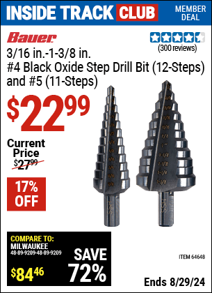 Inside Track Club members can buy the BAUER Black Oxide Step Drill Drill Bit Set 2 Pc. (Item 64648) for $22.99, valid through 8/29/2024.