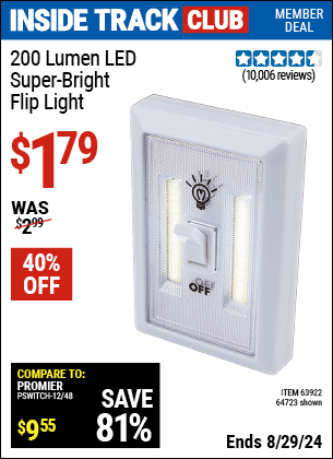 Inside Track Club members can buy the 200 Lumen LED Super Bright Flip Light (Item 64723/63922) for $1.79, valid through 8/29/2024.
